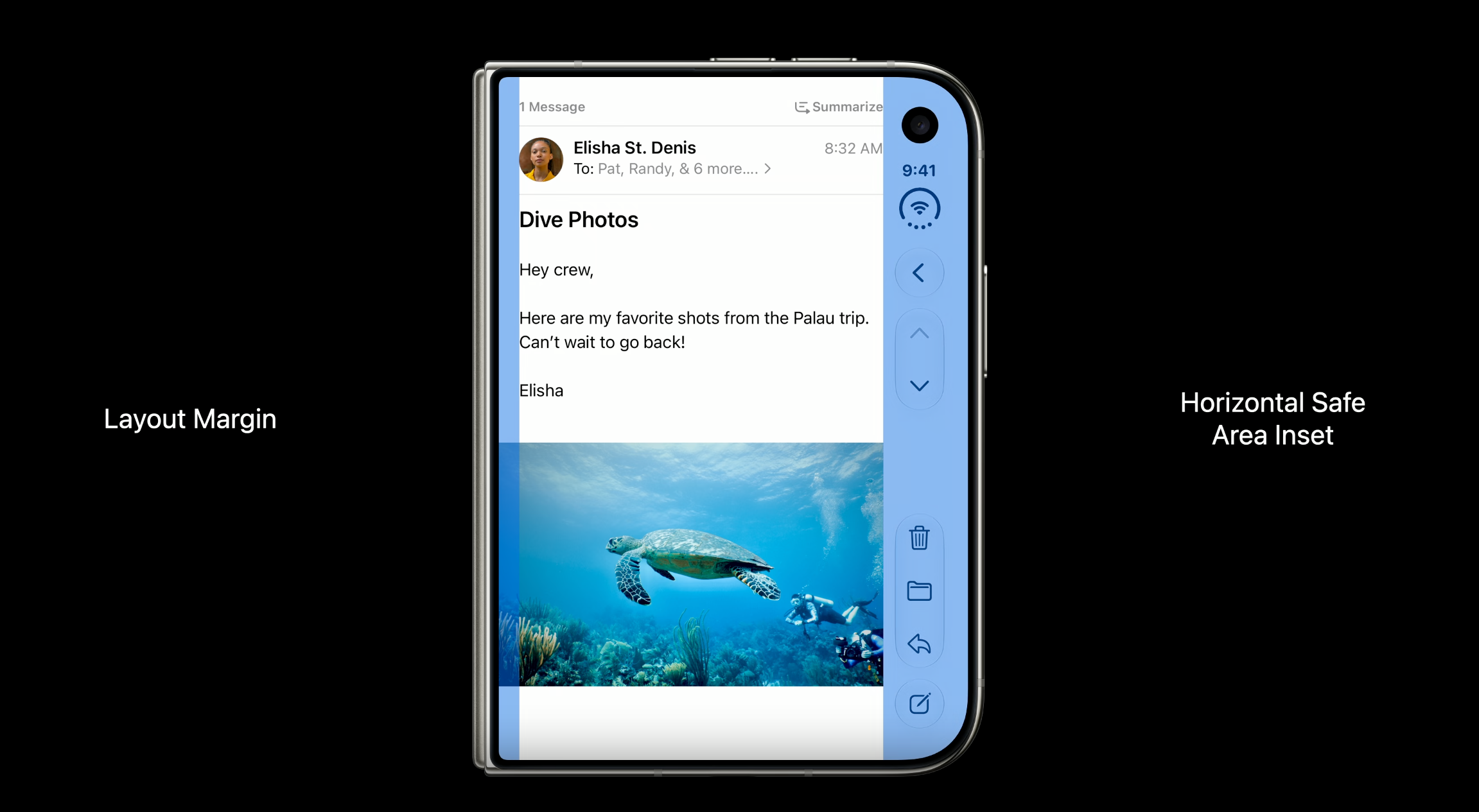 Mail app on the outer display with the layout margin highlighted on the left and the horizontal safe area inset highlighted on the right