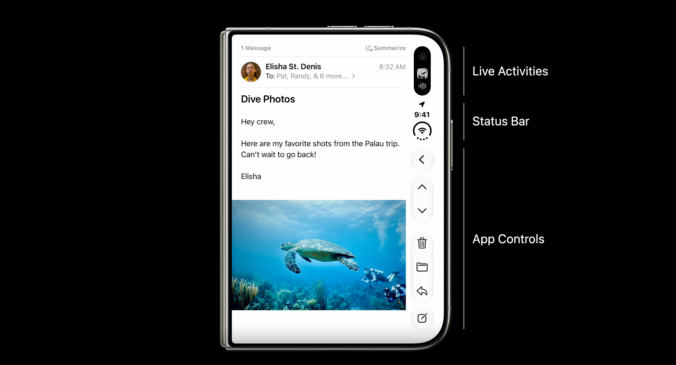 Mail app on the outer display with live activity, status bar, and app controls stacked vertically along the right edge
