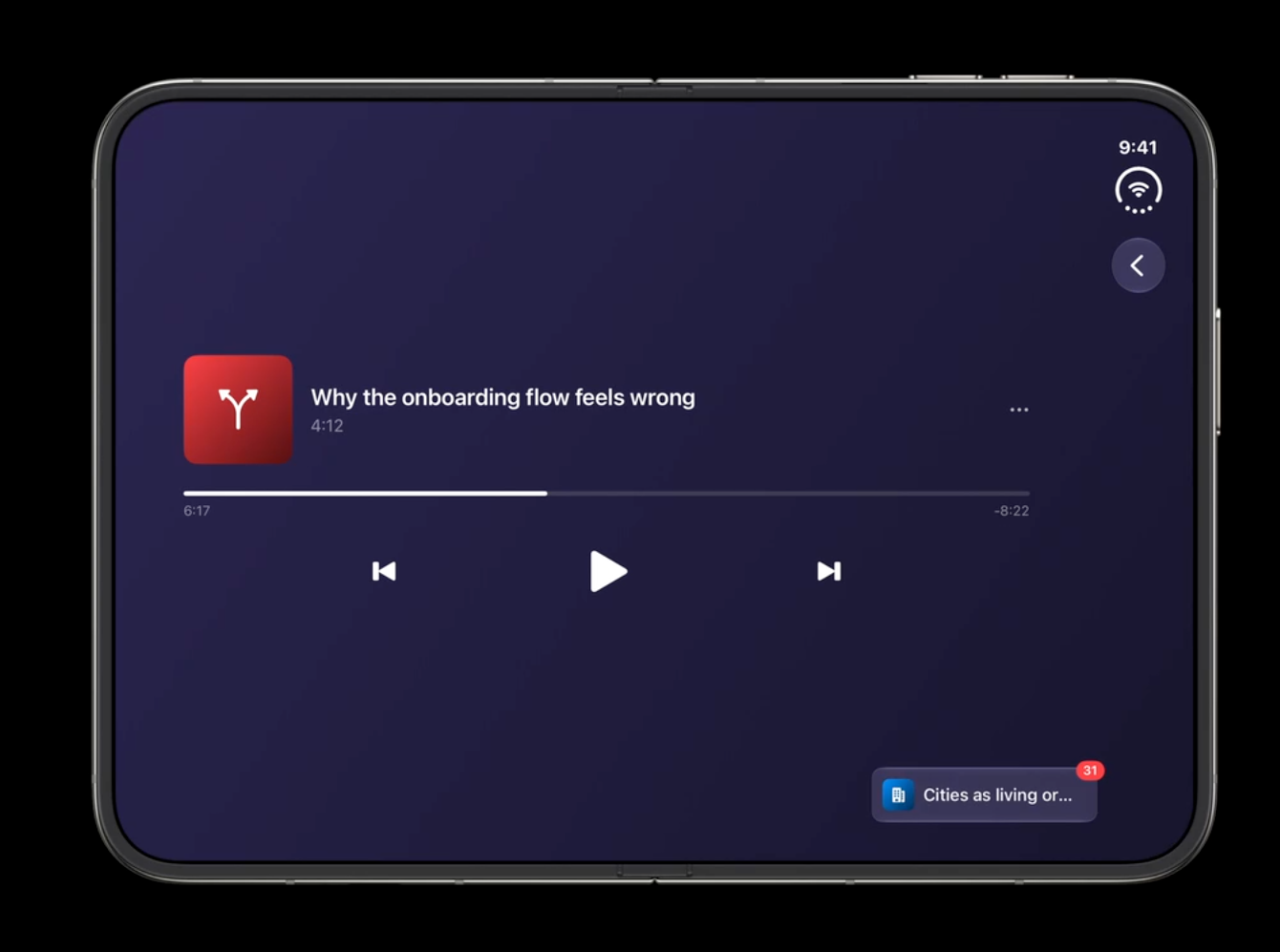 The same podcast app in an overlay arrangement, with the player filling the screen and the queue collapsed into a small floating card