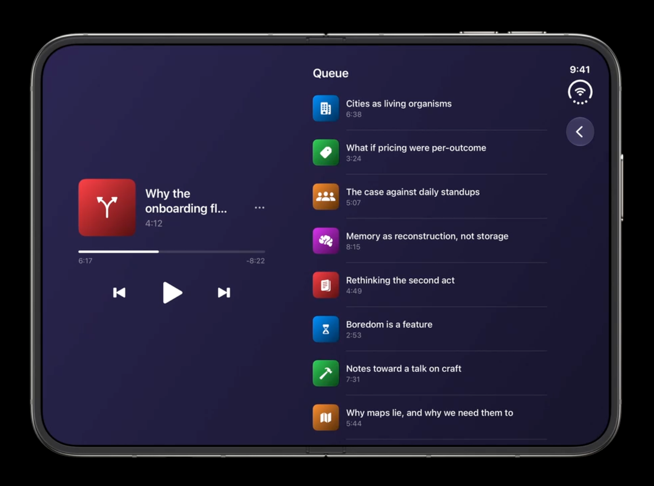 A podcast app’s player and queue list shown side by side in a split arrangement on the outer display
