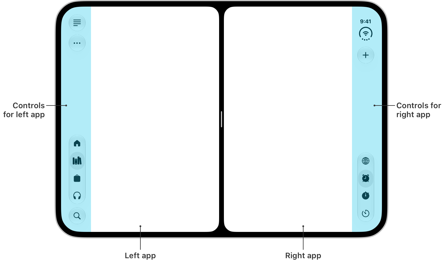 Two apps side by side in split-view multitasking, each with its own controls along the outer edge of the display