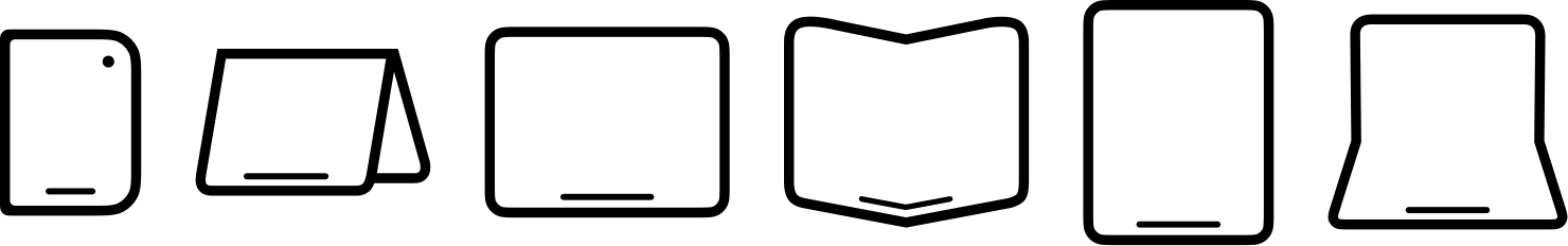 Six icons illustrating device poses: closed (phone), tent, flat landscape (tablet), partially folded (book), flat portrait, and laptop-like open angle