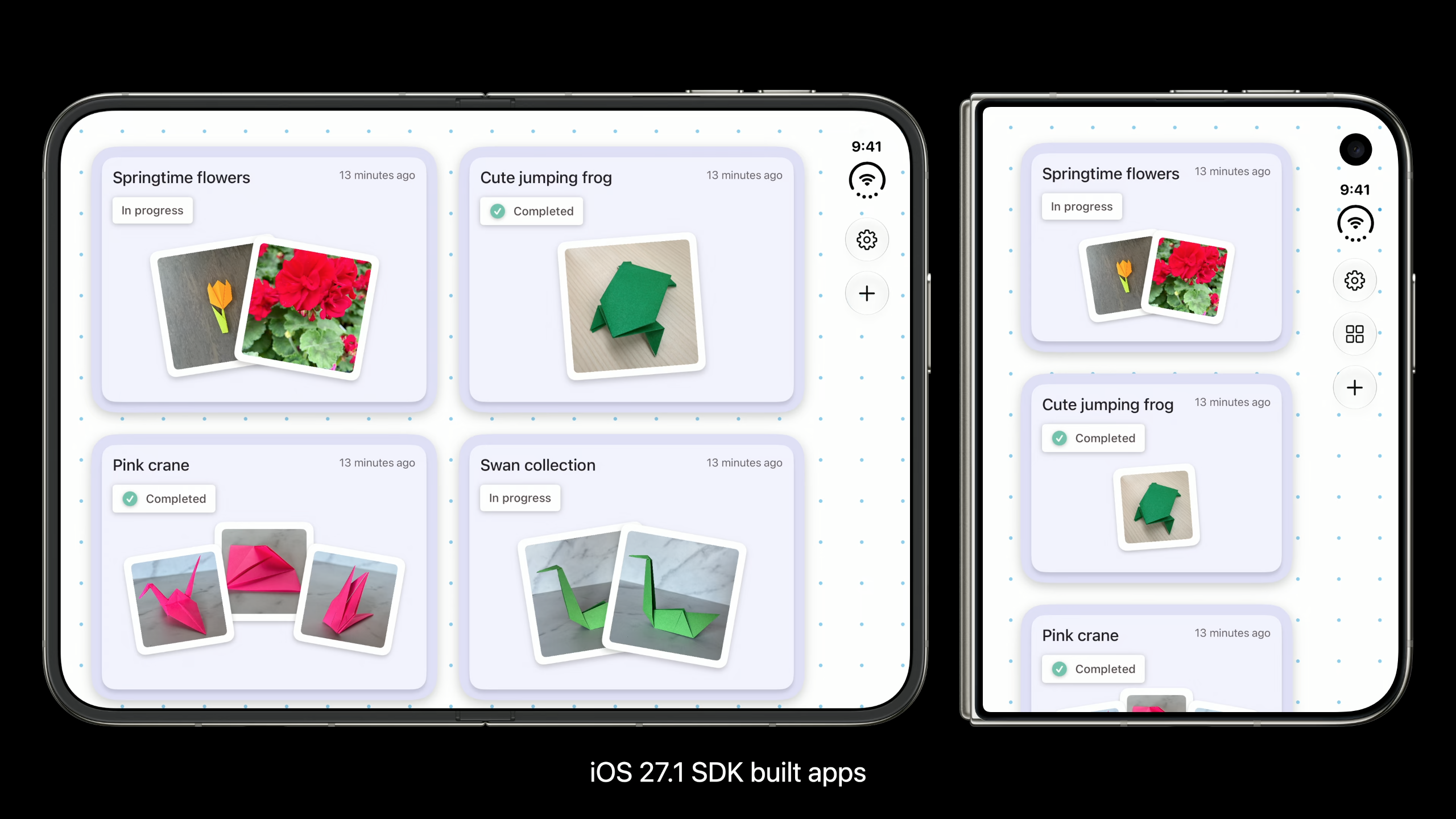 An app built with the iOS 27.1 SDK filling the full width with a two-column grid on both a regular iPhone and the iPhone Duo outer display