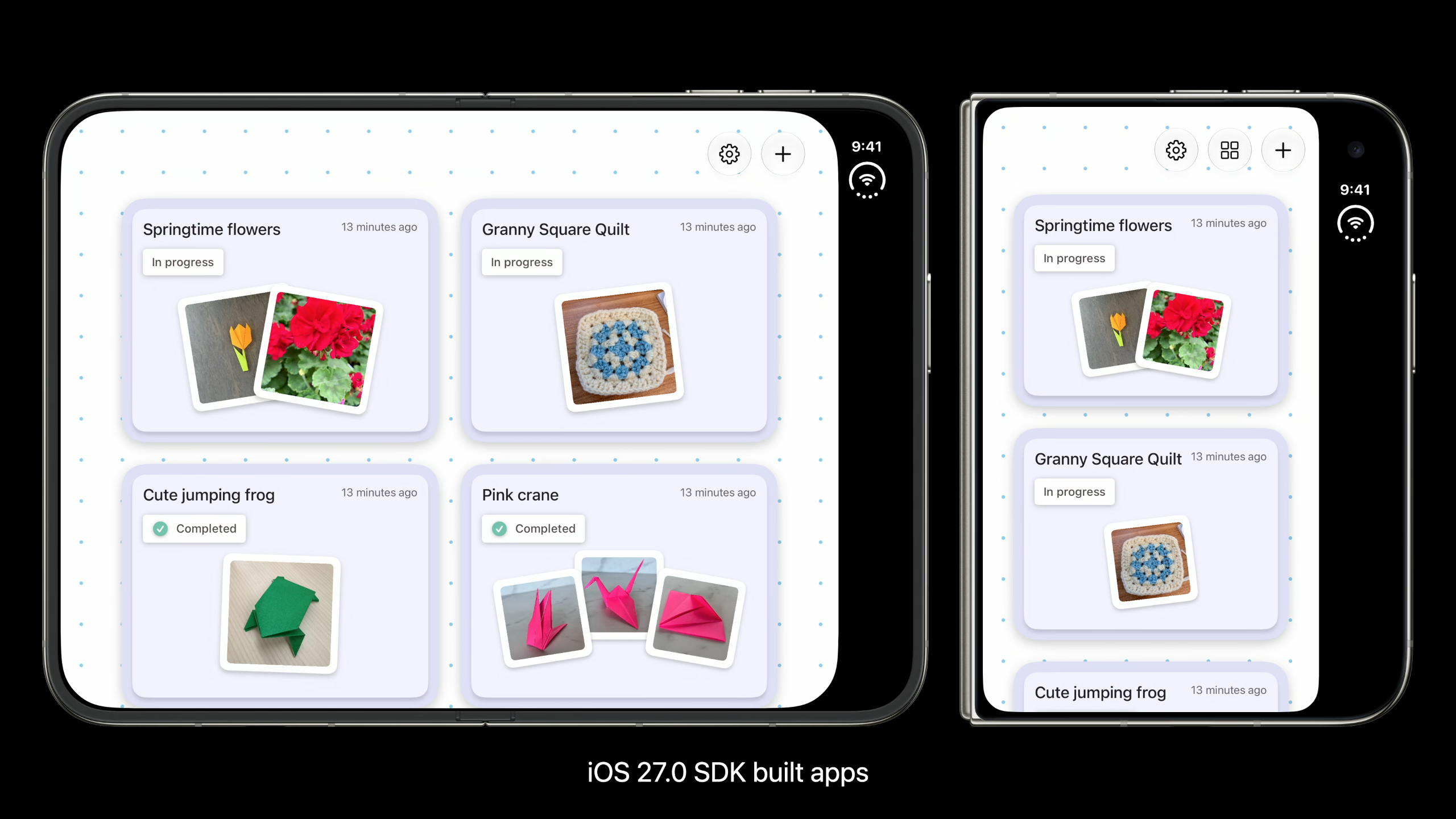 An app built with the iOS 27.0 SDK filling the full width on a regular iPhone, with a single column shown on the narrower iPhone Duo outer display