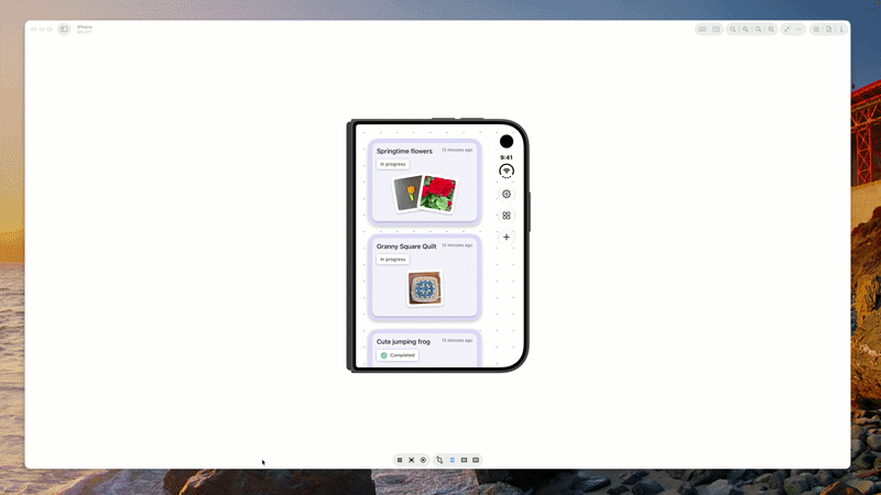 Xcode Simulator running an app on iPhone Duo, with on-screen controls at the bottom for opening, closing, rotating, and folding the device