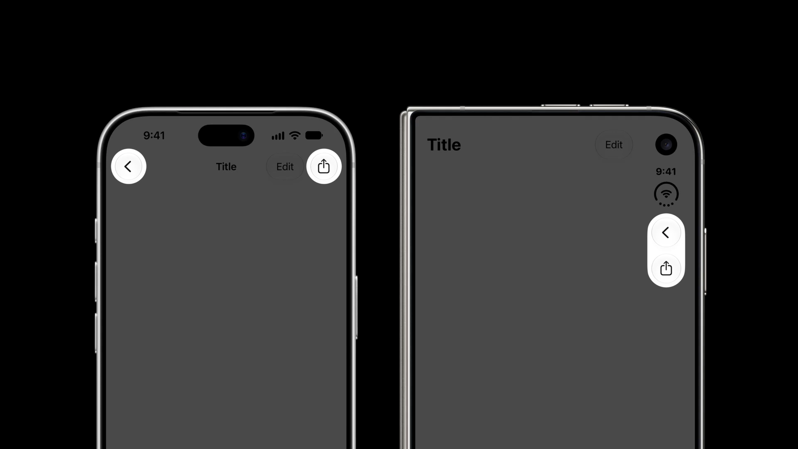 Back and share icon buttons moving to the vertical toolbar on the outer display, while the text-only Title and Edit items stay on the horizontal bar