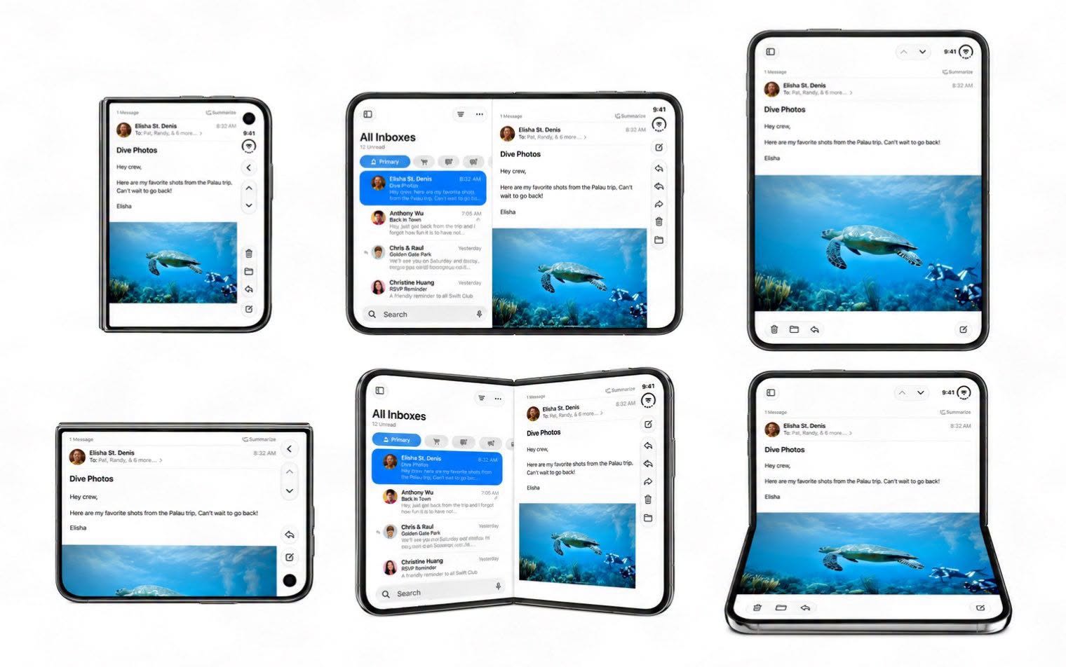The Mail app shown in six iPhone Duo poses: closed phone, tent, unfolded tablet landscape and portrait, partially folded book, and laptop-like open angle