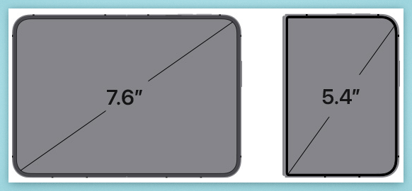 Inner display diagonal of 7.6 inches shown as a wide rectangle, and outer display diagonal of 5.4 inches shown as a narrower rectangle
