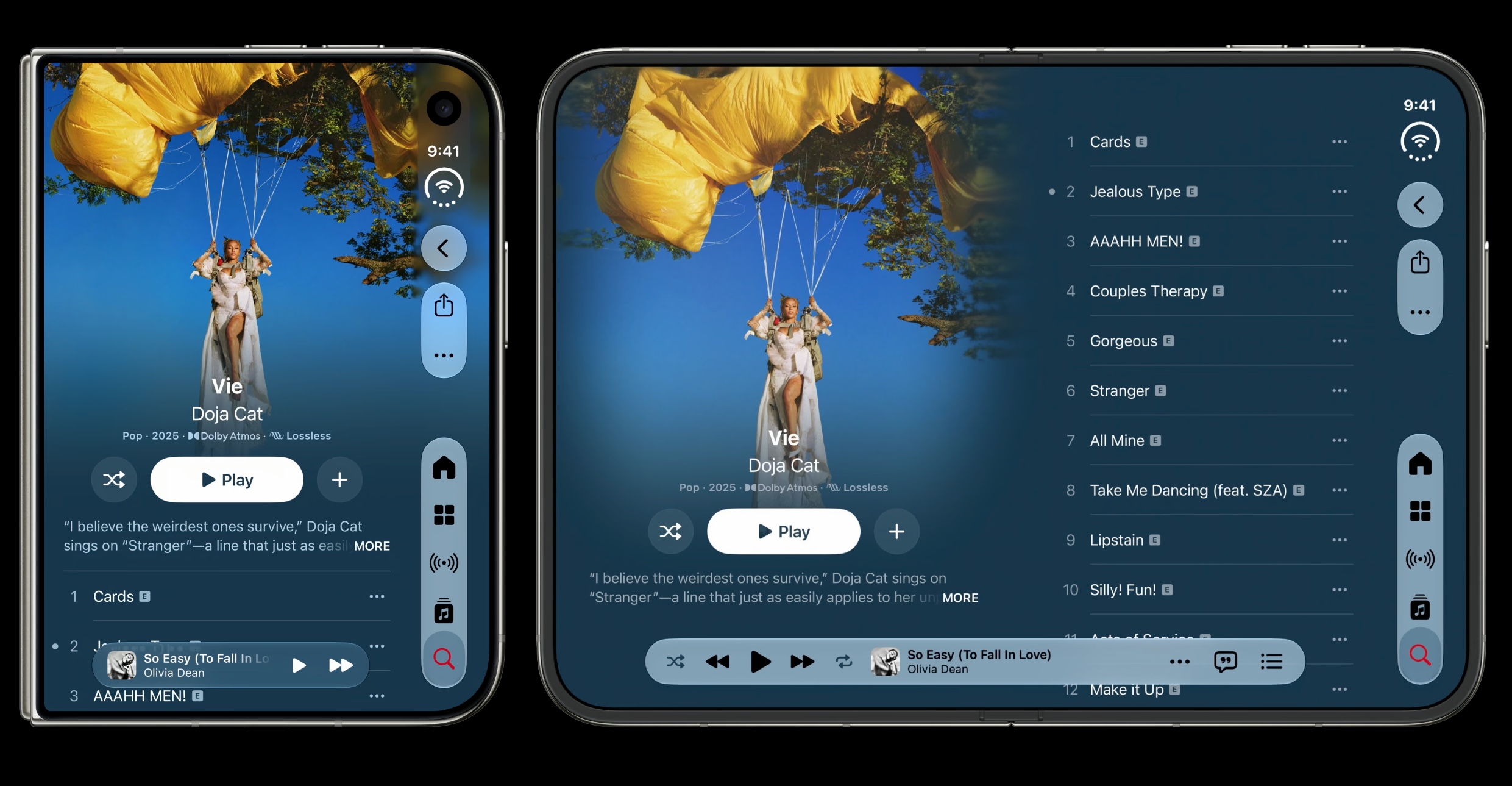 Music app content reflowing to use the extra width on the inner display, showing more of the track list without a split layout