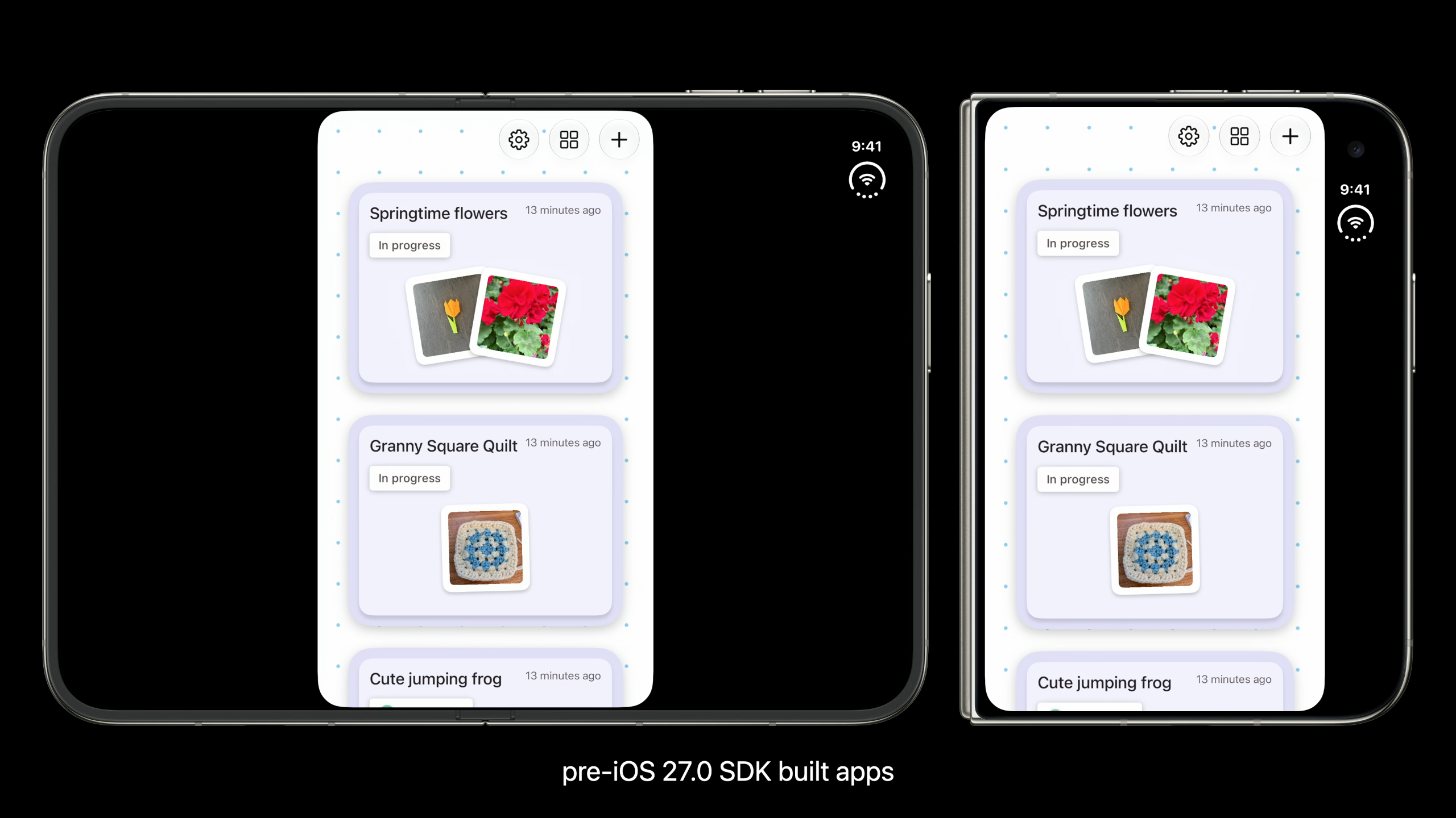 An app built with the pre-iOS 27.0 SDK shown letterboxed at phone width on both a regular iPhone and the iPhone Duo outer display