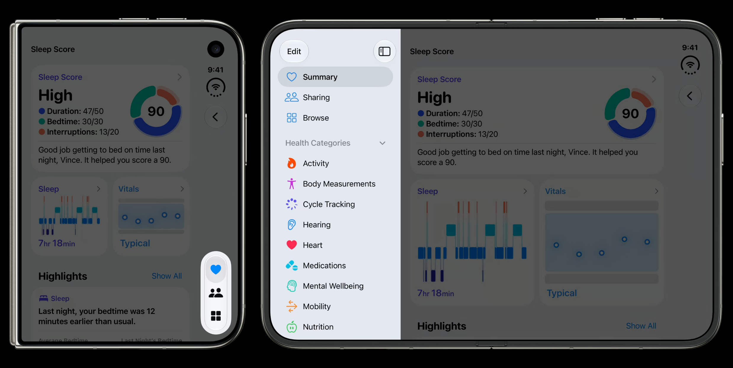 Health app tab bar presented as a sidebar of categories on the inner display, compared to the bottom tab bar on a regular iPhone
