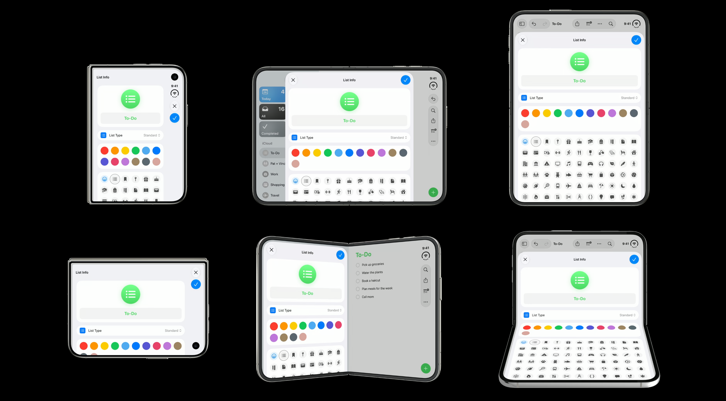 The List Info sheet presented across iPhone Duo poses, from a compact sheet on the outer display to a full two-pane layout on the inner display