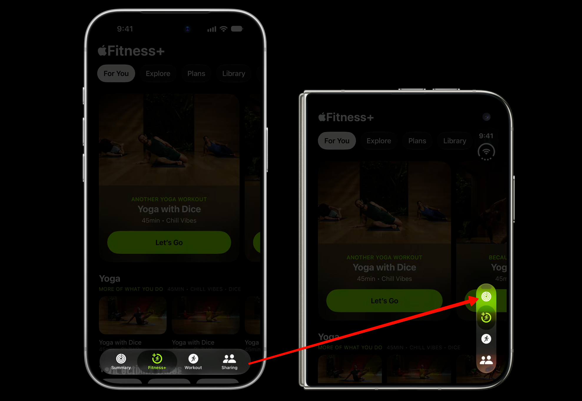 Fitness+ tab bar buttons moving from the bottom edge on a regular iPhone to the vertical right edge on the outer display