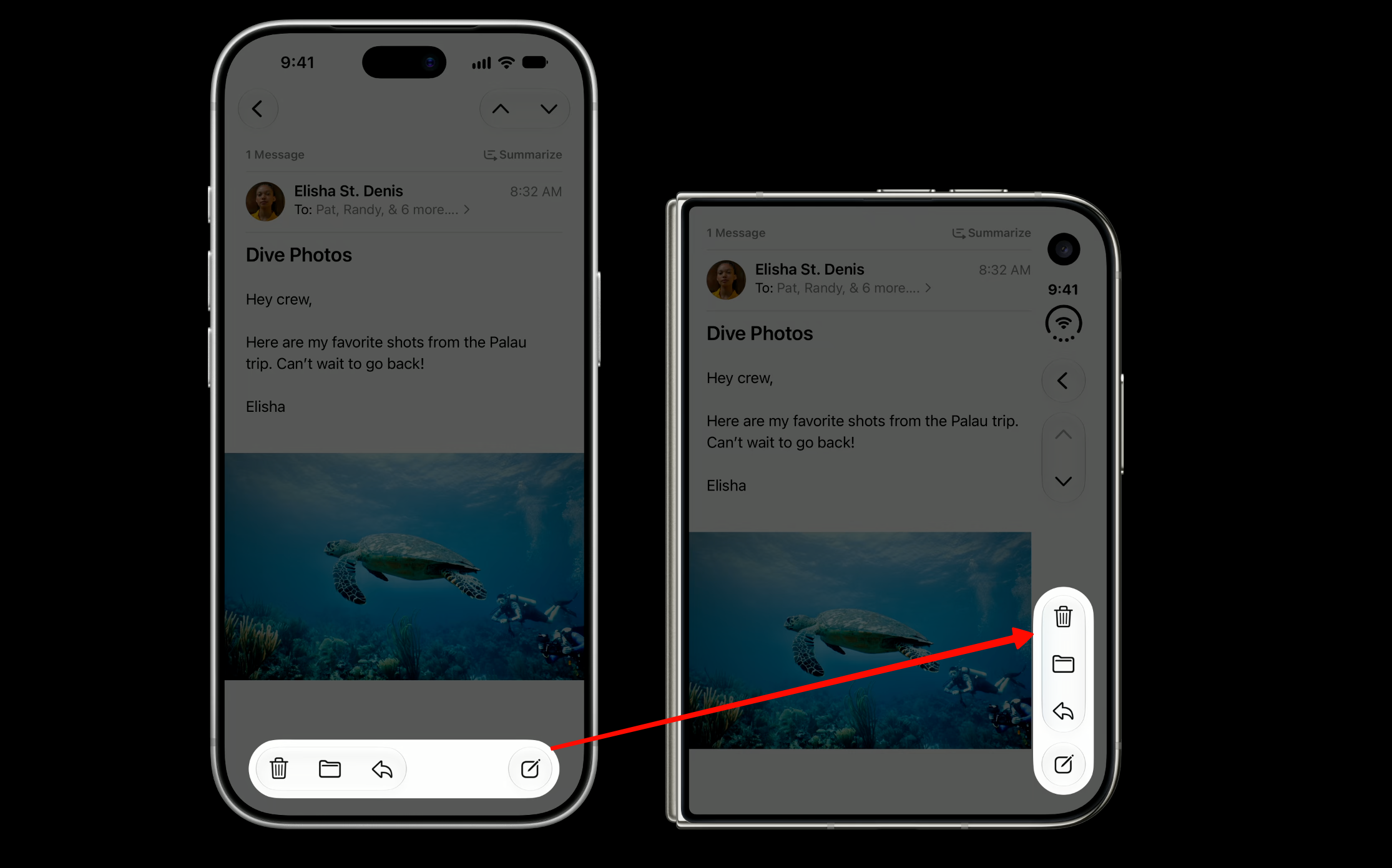 Bottom toolbar buttons for delete, move, and reply shown moving to the vertical edge on the outer display