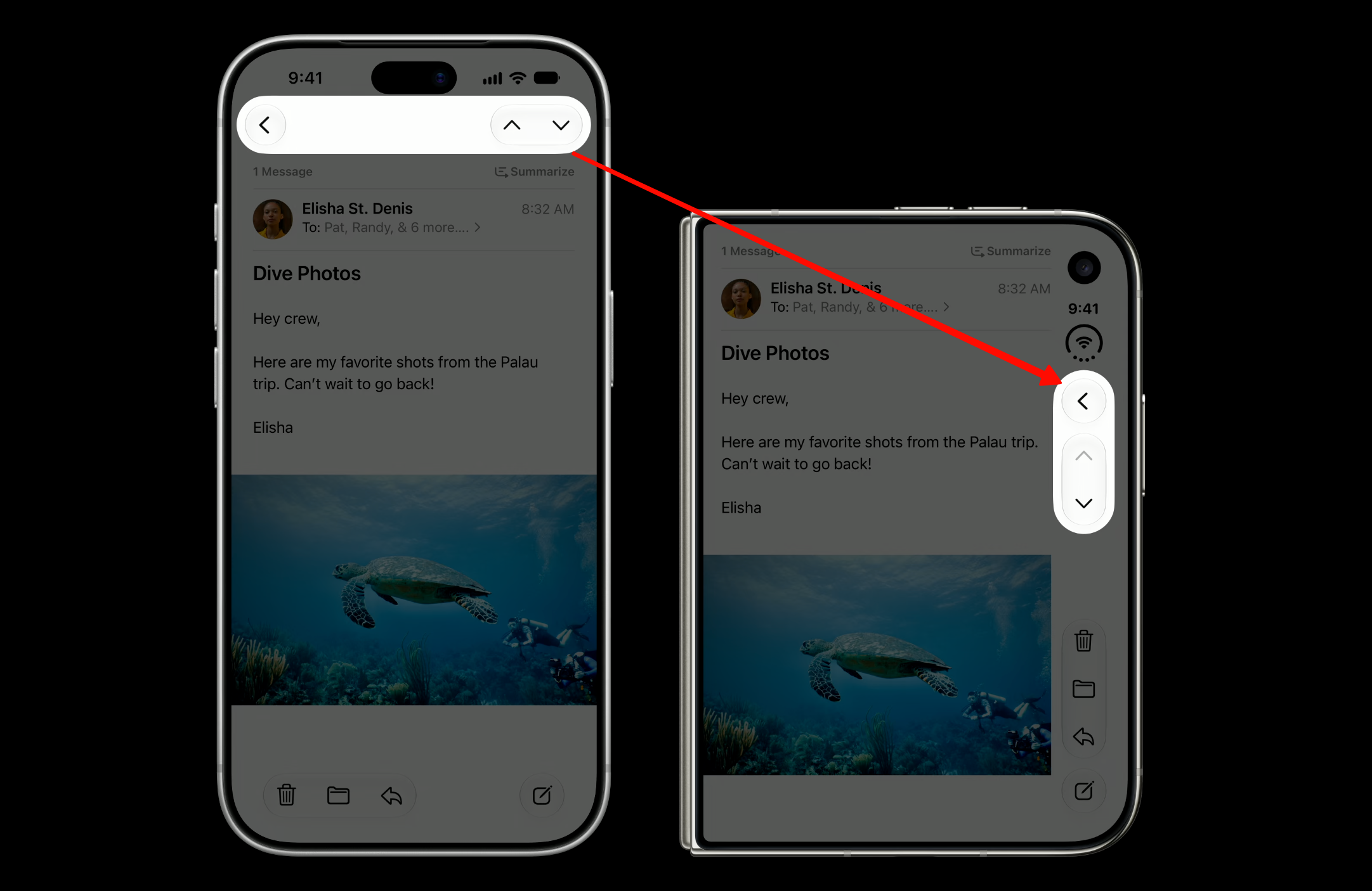 Toolbar back and navigation buttons positioned at the top of the outer display, compared between a regular iPhone and iPhone Duo