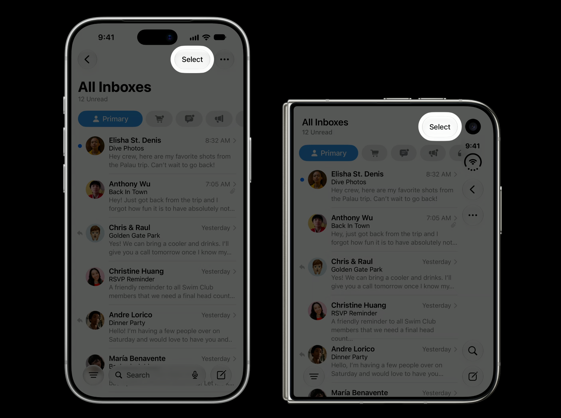 The text-only Select button remaining at the top toolbar on both a regular iPhone and the outer display
