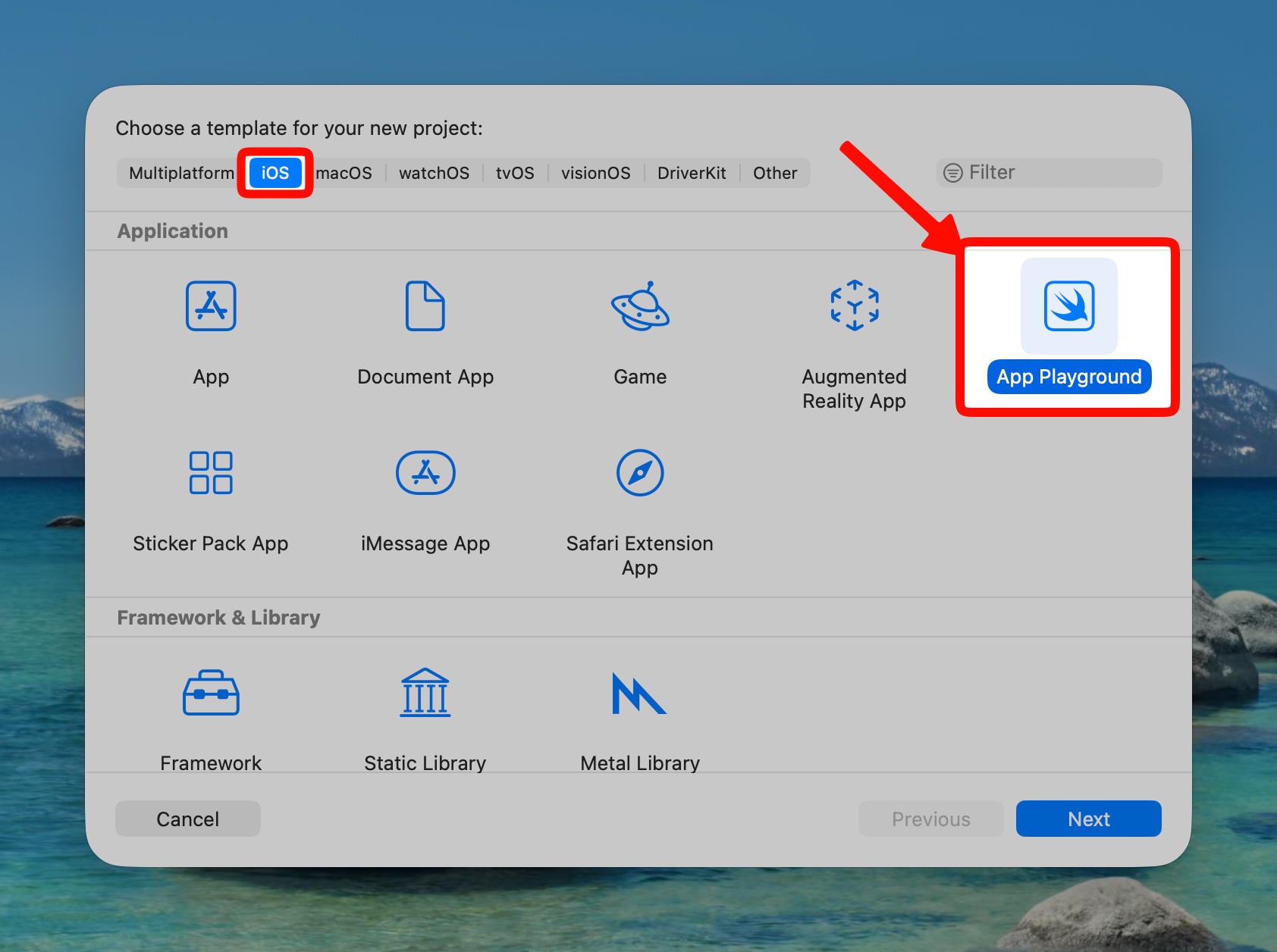 The “App Playground” template in Xcode’s new-project window - not the one you want