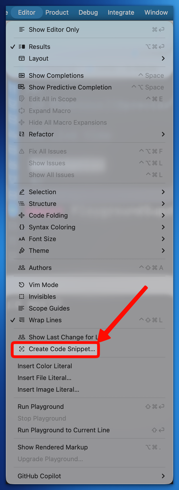 Creating a code snippet via Editor → Create Code Snippet