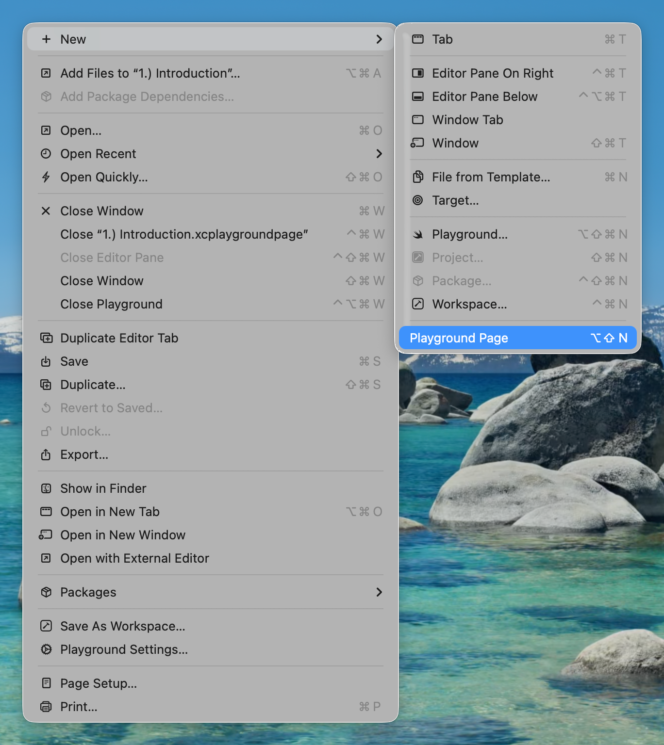 Adding a page via File → New → Playground Page