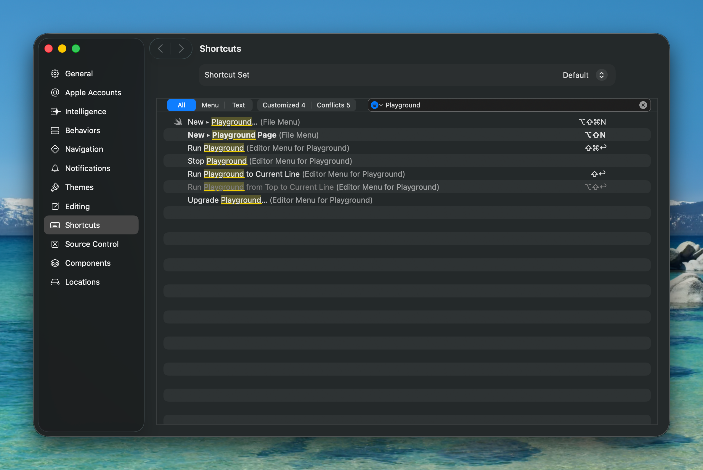 Xcode key bindings worth setting for playground work