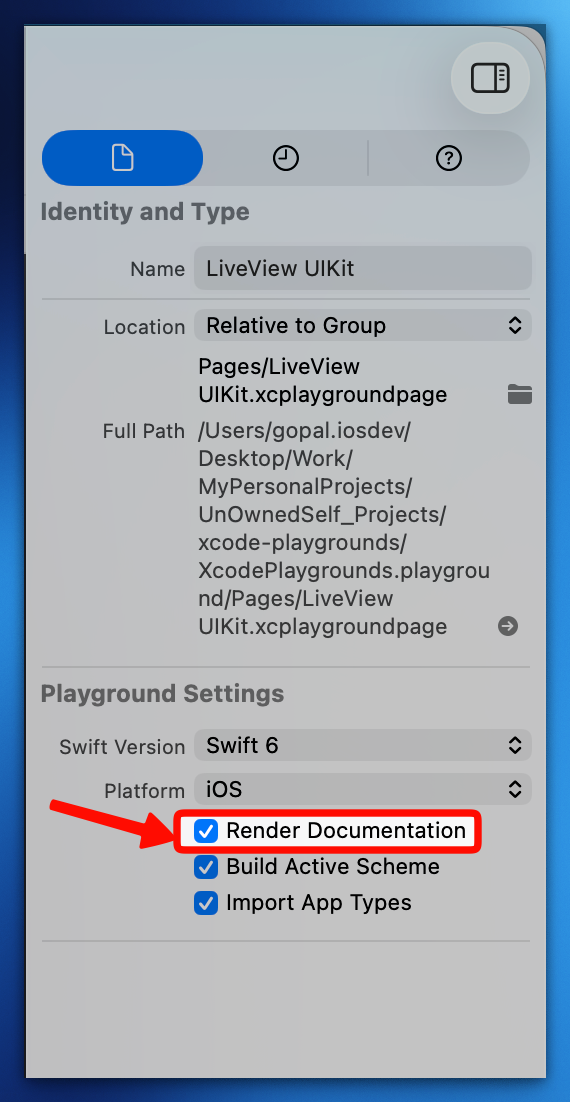 Turning on Render Documentation in the File Inspector