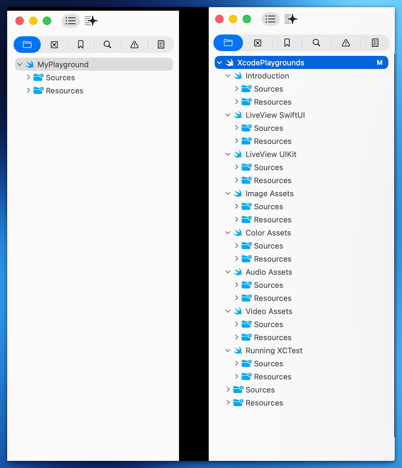 Per-page Sources and Resources folders alongside the project-level ones